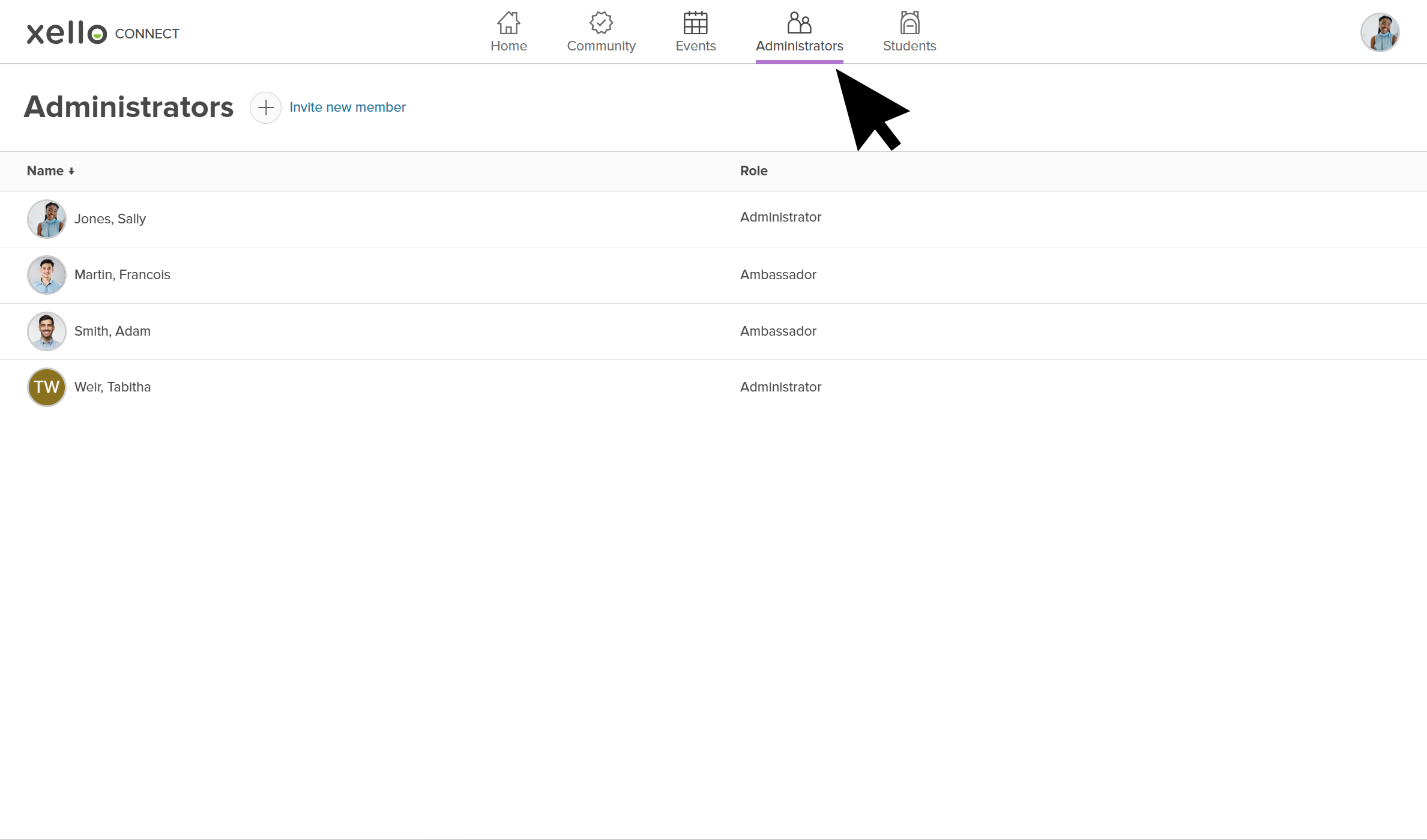 Administrators page. There are four people with either Ambassador or Administrator as their role.